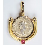 Authentic Roman Silver Coin in 14kt Gold Pendant with Pink Tourmaline circa 249-251 A.D.